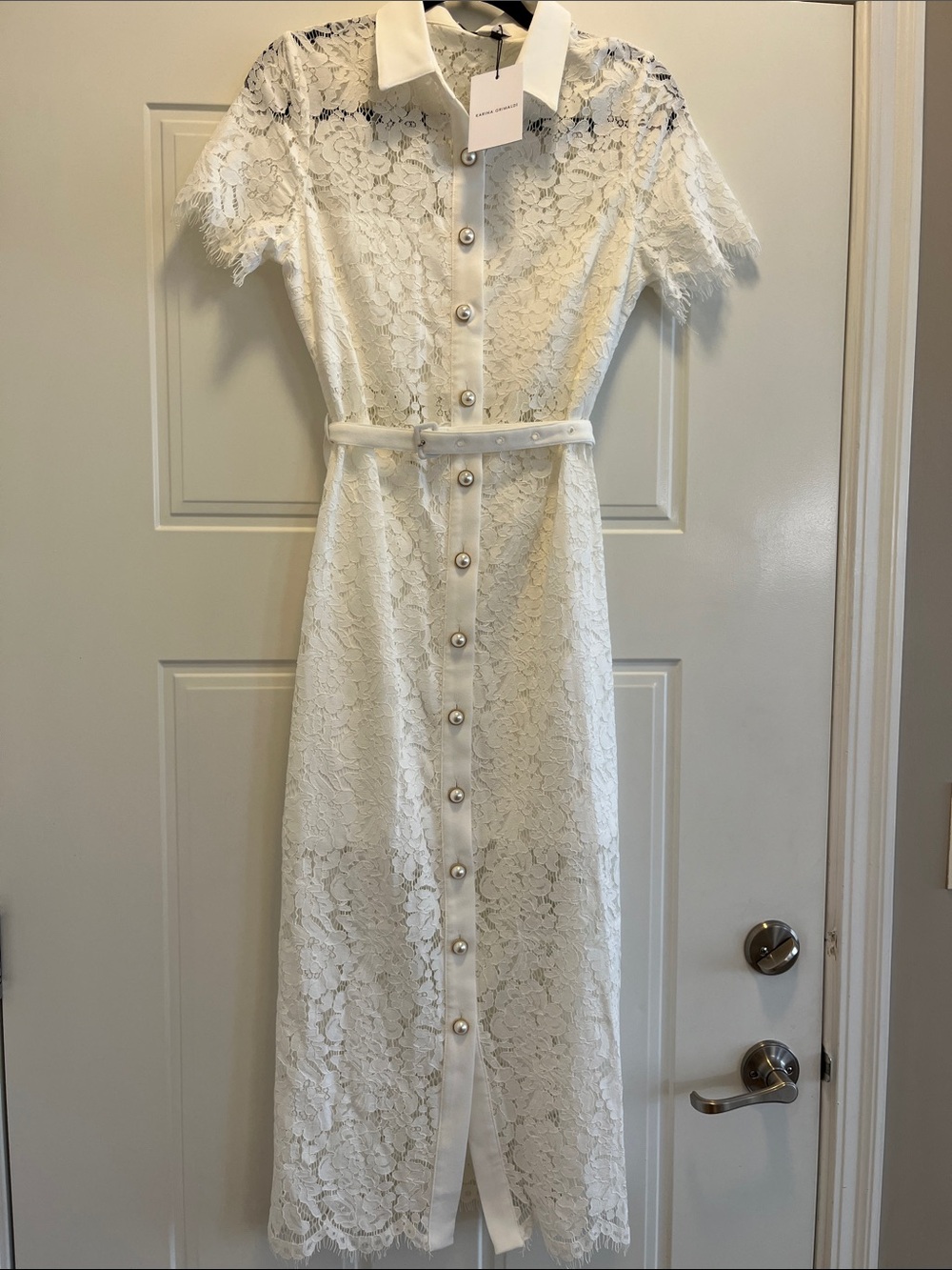 Karina Grimaldi White Lace Midi Shirt Dress with Pearl Buttons